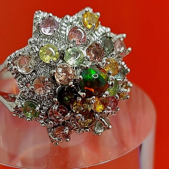 Natural Fire Opal & Tourmaline 925 Sterling Silver Ring Sz 7.5 - Picture 14 of 14